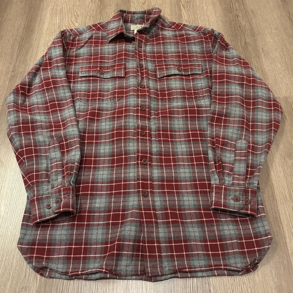 L.L. Bean Chamois Cloth Plaid‎ Shacket Button Gray Red Fit Men’s Medium Tall